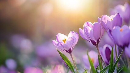 Poster - Beautiful blooming purple crocus flowers in sunlight creating a magical spring atmosphere : Generative AI