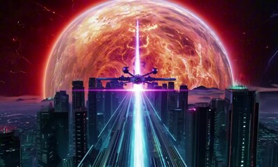 Wall Mural - A breathtaking alien megacity floats in the atmosphere of a dying red star, powered by colossal energy conduits. Towering spires glow with bio-luminescent tech, while a spacecraft flies