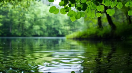 Fototapete - Serene view of a calm river reflecting greenery surrounded by lush trees and foliage creating a tranquil environment : Generative AI