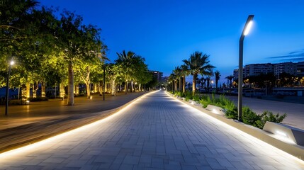 Poster - Serene nighttime walkway lined with palm trees and glowing lights in a coastal urban area : Generative AI
