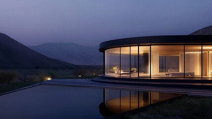 Aufkleber - Modern luxury home in a serene landscape with large glass windows reflecting the night sky and surrounding mountains : Generative AI