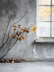 Poster - Captivating still life featuring dried branches and leaves against a weathered wall and vintage window : Generative AI