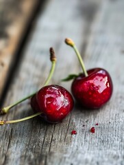 Poster - Freshly Harvested Ripe Cherries with Raindrops on Weathered Wooden Surface : Generative AI