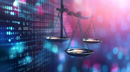 Poster - Scales of justice superimposed on a binary code background, symbolizing digital law and cybersecurity.