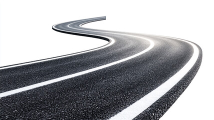a winding asphalt road with white lines on a white background leading into the distance view