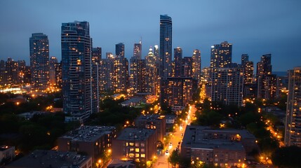 Aufkleber - Vibrant City Skyline Illuminated by Bright Lights at Night against a Darkening Sky : Generative AI