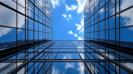 Leinwandbilder - Stunning upward view of modern glass buildings against a bright blue sky with scattered clouds : Generative AI