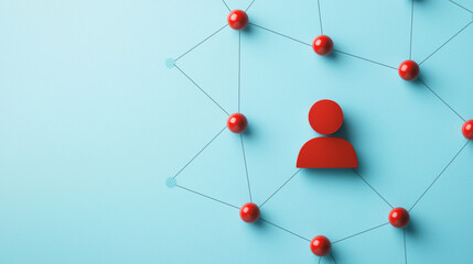 a minimalistic design featuring a red figure connected by lines to multiple nodes on a light blue ba