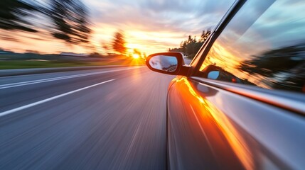 Poster - Dynamic view of a speeding car capturing the essence of sunset on a vibrant road : Generative AI