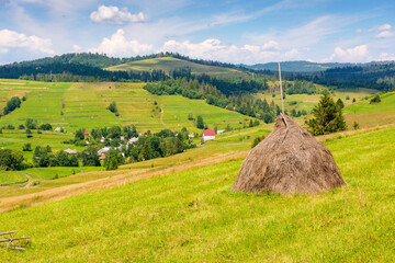 Wall Mural - rural landscape in summer. countryside scenery with haystack on the field beneath a blue sky with cl