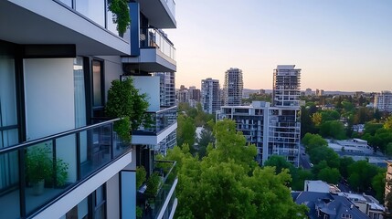 Aufkleber - Scenic View of Urban Buildings Overlooking Green Trees at Sunset from a Balcony : Generative AI
