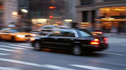 Poster - Motion blurred image of yellow taxi cabs driving through busy city streets captures urban traffic chaos : Generative AI