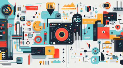 A set of vector illustrations depicting various aspects of graphic design, web development, social media strategies, and creative digital processes