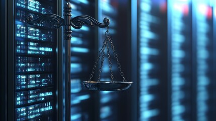 Poster - Scales of justice in a server room, symbolizing cybersecurity law and data protection.