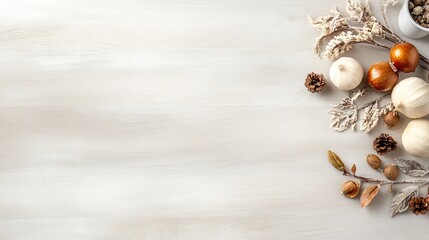 Poster - Charming autumn composition with decorative pumpkins and dry foliage arranged elegantly on a soft wooden surface : Generative AI