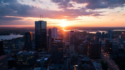 Aufkleber - Panoramic cityscape view of skyscrapers at sunset highlighting an urban skyline with beautiful clouds and water reflections : Generative AI
