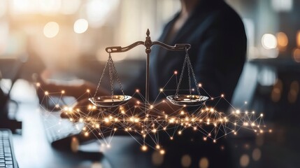 Aufkleber - Lawyer working at computer with scales of justice and network connections.