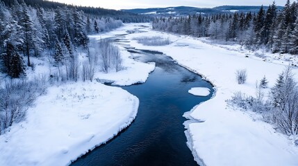 Aufkleber - Breathtaking winter landscape featuring a peaceful river surrounded by snowcovered trees in a serene environment : Generative AI
