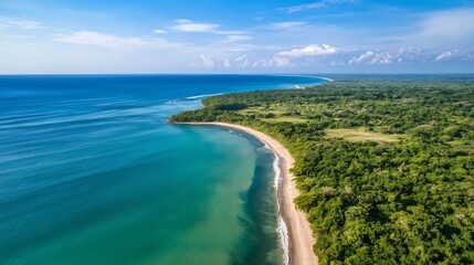 Aufkleber - Stunning aerial view of a lush green coastline meeting the tranquil blue ocean under a clear sky : Generative AI