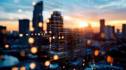 Poster - Stunning city skyline at sunset with blurred lights creating a digital abstraction and modern feel : Generative AI