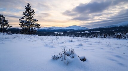 Aufkleber - Breathtaking snowy landscape under a dramatic sky showcasing nature's winter beauty : Generative AI