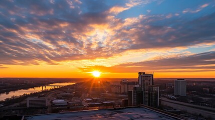 Leinwandbilder - Stunning Urban Sunset Over a River with Colorful Clouds Reflecting on the City Skyline : Generative AI