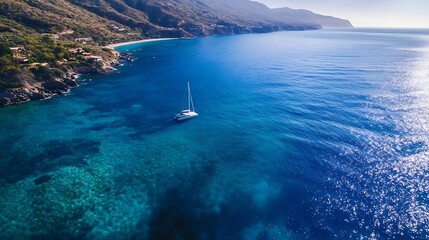 Wall Mural - Serene Aerial View of a Sailboat in Crystal Clear Waters Surrounded by Lush Green Hills : Generative AI