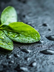 Aufkleber - Vivid green spinach leaves with droplets of water on a dark textured surface : Generative AI
