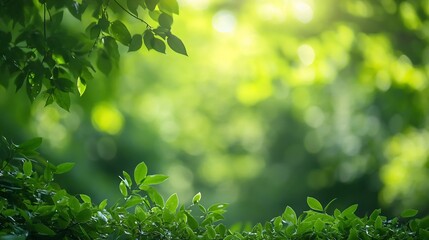 Poster - Beautifully blurred background of vibrant green leaves and soft glowing light creating a tranquil natural scene : Generative AI