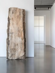 Fototapete - Imposing Textured Stone Slab Standing Tall in an Elegant and Minimalist Gallery Interior : Generative AI