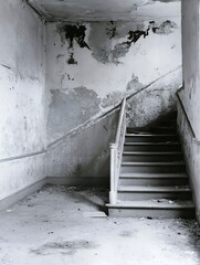 Aufkleber - An eerie abandoned staircase in an old building showcasing peeling walls and neglect with a haunting atmosphere : Generative AI