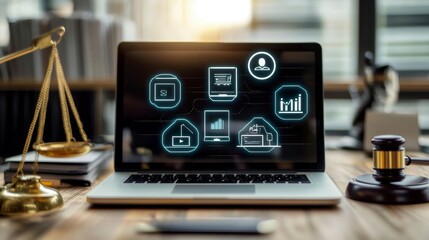 Poster - Laptop displaying digital icons on a wooden desk with a gavel and scales of justice.