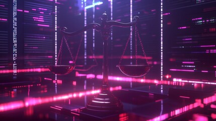 Poster - Cyber justice scales in neon-lit digital environment.