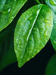 Aufkleber - Raindrops glistening on lush green leaves creating a serene and refreshing botanical scene : Generative AI
