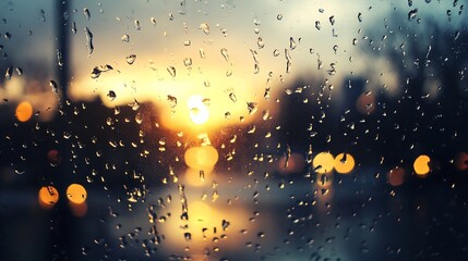 Aufkleber - Raindrops on windowpane during sunset creating a moody atmosphere with city lights : Generative AI