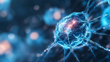 Leinwandbilder - Close up of a glowing neuron cell showcasing bioelectric signals and intricate neural connections : Generative AI