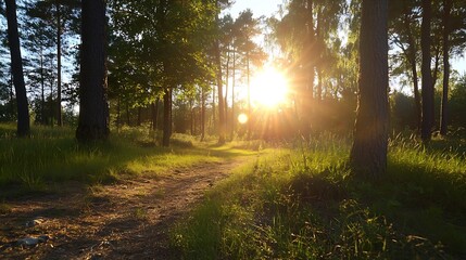 Aufkleber - Golden sunlight streaming through trees in a forest path creating a serene atmosphere in nature : Generative AI