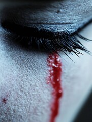 Poster - Close up view of a somber eye with a dramatic red tear illustrating deep emotion and artistic expression : Generative AI