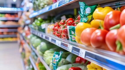 Poster - Vibrant assortment of fresh vegetables and fruits neatly displayed on supermarket shelves : Generative AI