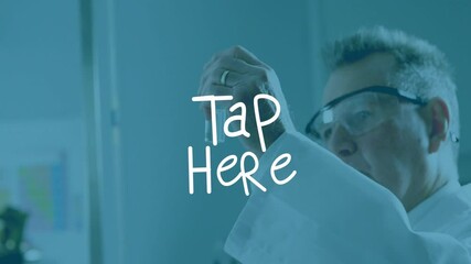 Canvas Print - in lab, scientist examining sample with animation text overlaying tap here