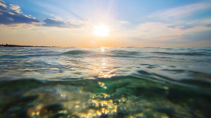 Poster - Beautiful sunrise over calm ocean waters reflecting golden light and vibrant clouds : Generative AI