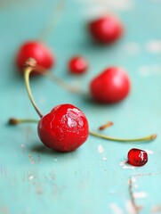 Poster - Juicy red cherries scattered on a rustic teal background perfect for illustrating fresh summer fruits : Generative AI