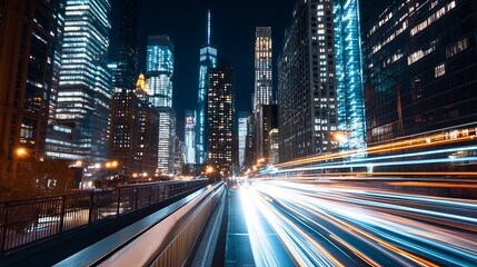 Poster - Dynamic urban night scene showcasing vibrant city skyscrapers and light trails from busy traffic : Generative AI