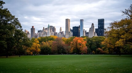 Poster - Vibrant autumn colors seen in Central Park contrasting with New York City skyline : Generative AI
