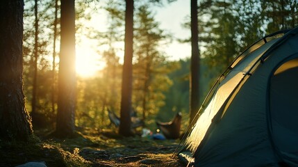 Aufkleber - Cozy Camping Scene with a Tent Bathed in Golden Sunset Light Surrounded by Trees and Nature's Beauty : Generative AI