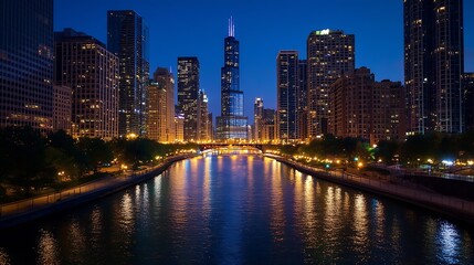 Poster - Vibrant cityscape at night showcasing illuminated buildings along the river with stunning reflections on the water : Generative AI