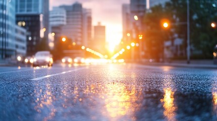 Aufkleber - Vibrant City Street During Sunset with Wet Pavement Reflecting Lights Creating a Stunning Urban Scene : Generative AI