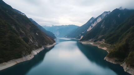 Poster - Breathtaking aerial view of tranquil river snaking through majestic mountains : Generative AI