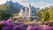 © mashimara - Majestic Castle in Blooming Landscape: An imposing castle nestled amidst rolling hills and verdant gardens, offering a picturesque view of towering mountains in the distance.