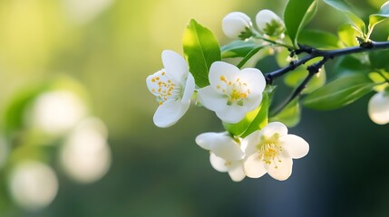 Poster - Stunning closeup of delicate white jasmine flowers blooming on a soft green background : Generative AI